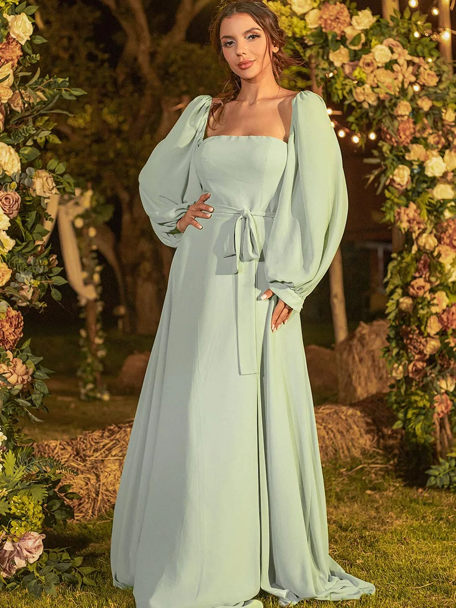 2025 Detachable puff sleeve Bridesmaid Dresses Green Chiffon