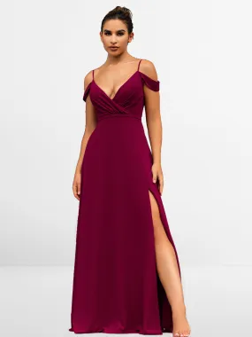 2025 Wine Burgundy Bridesmaid Dresses Chiffon V Neck High Split