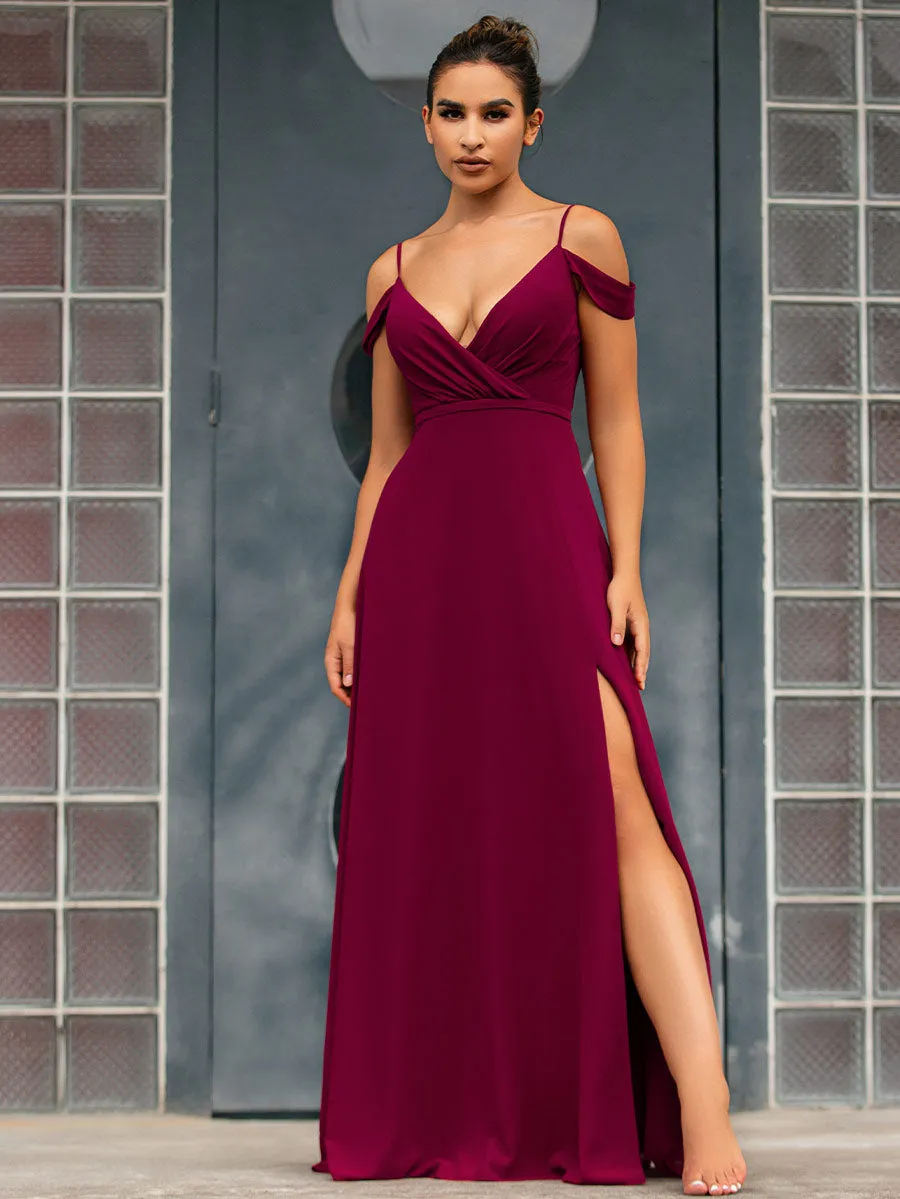 2025 Wine Burgundy Bridesmaid Dresses Chiffon V Neck High Split