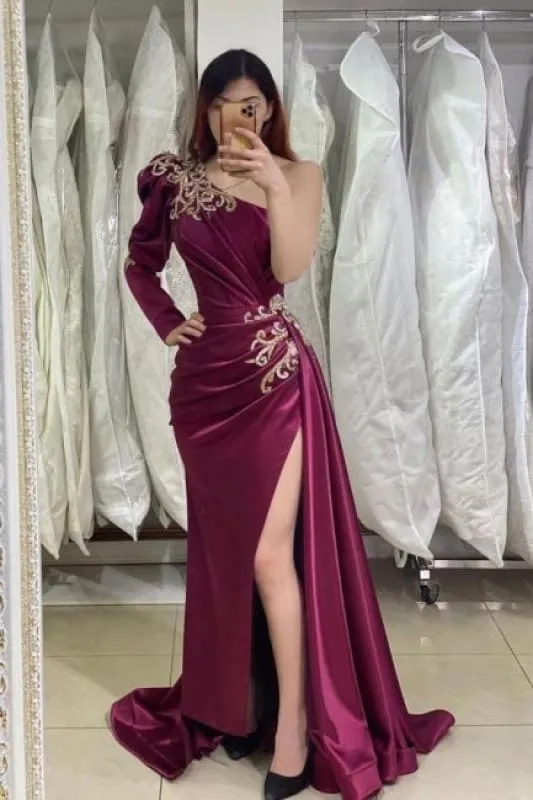 Charming Burgundy Evening Dresses With Sleeves Side Slit Prom Dress