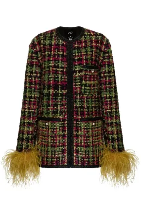 CHECKERED RED WOOL-BLEND JACKET WITH FEATHER-DETAILING