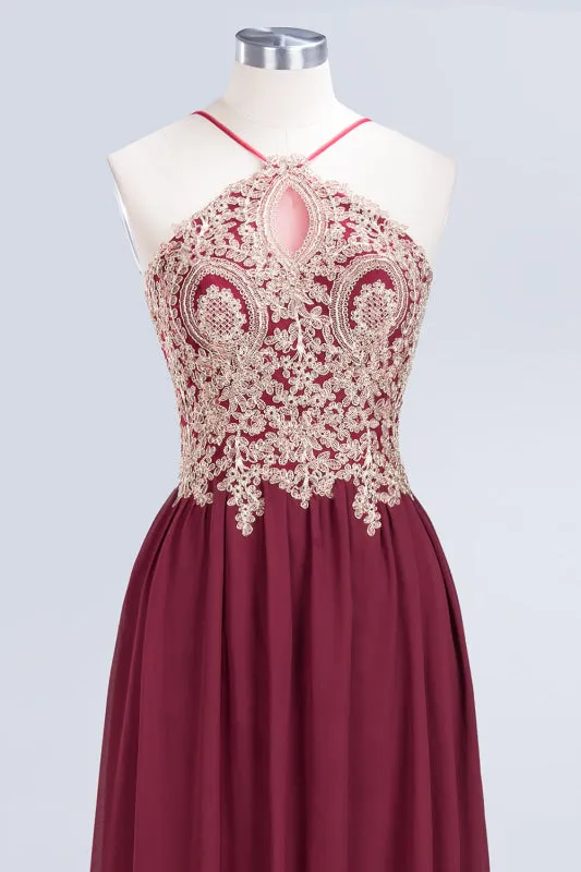 Chic Halter Burgundy Backless Bridesmaid Dress with Appliques