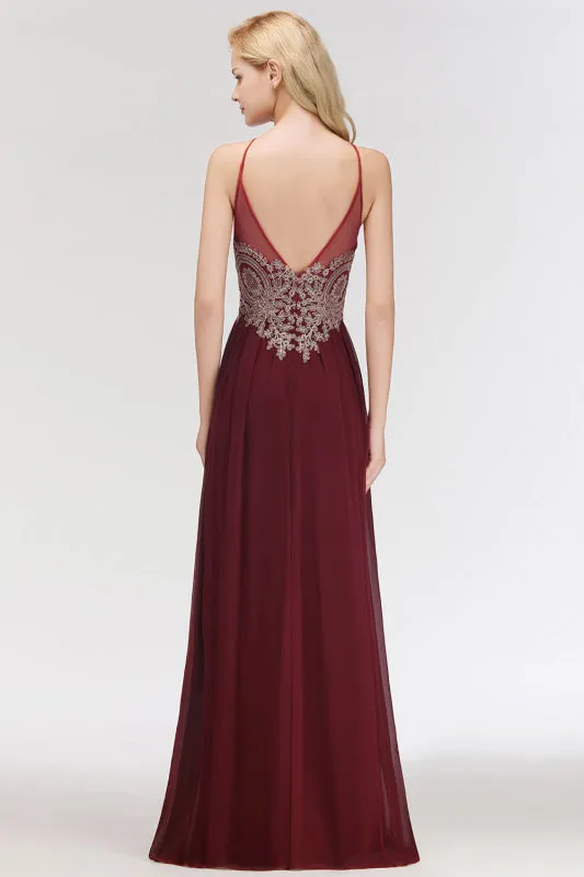 Chic Halter Burgundy Backless Bridesmaid Dress with Appliques