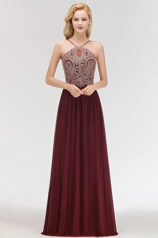 Chic Halter Burgundy Backless Bridesmaid Dress with Appliques