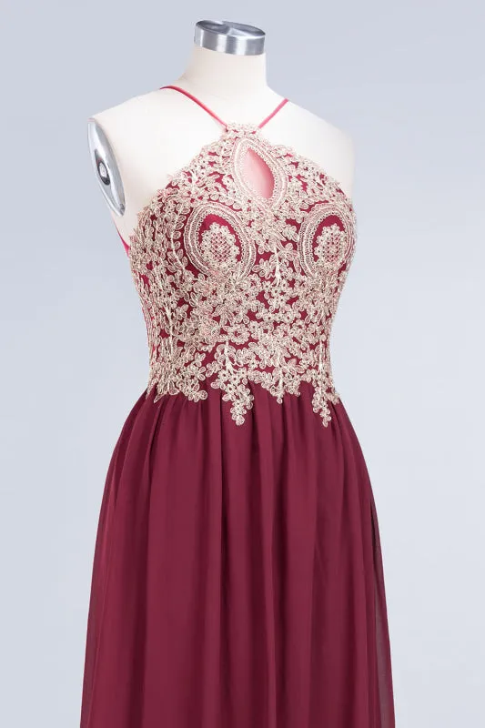 Chic Halter Burgundy Backless Bridesmaid Dress with Appliques