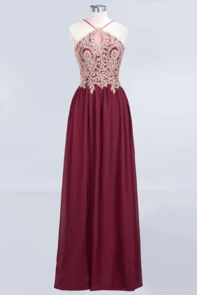 Chic Halter Burgundy Backless Bridesmaid Dress with Appliques