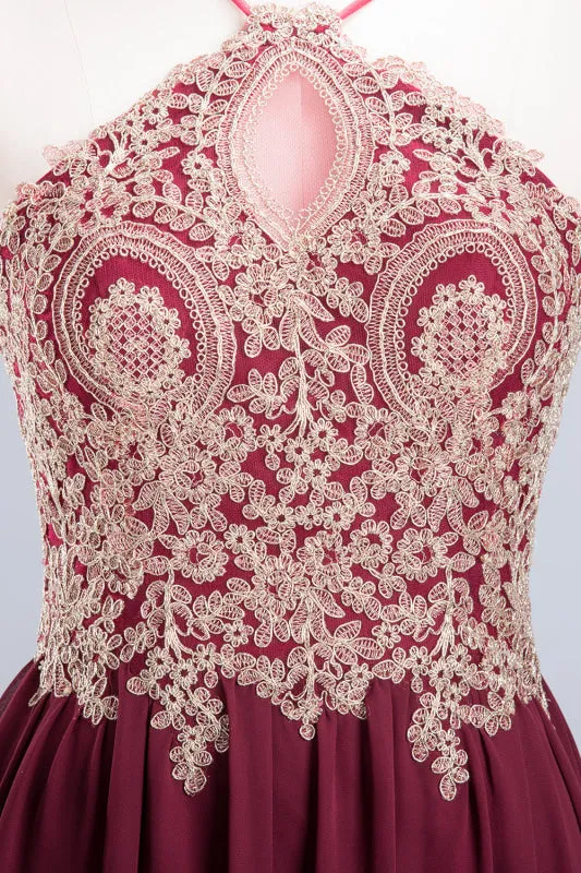 Chic Halter Burgundy Backless Bridesmaid Dress with Appliques