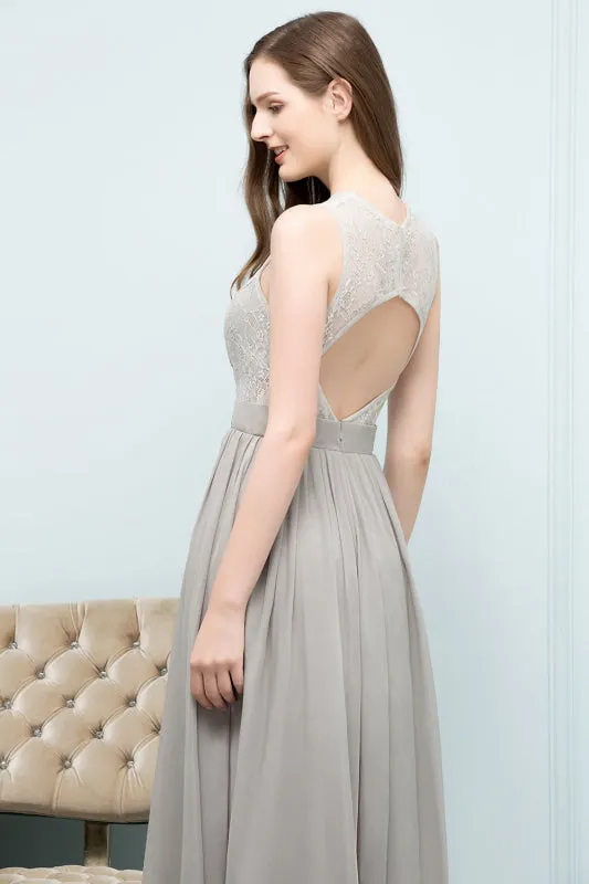 Elegant Lace Sleeveless Silver Bridesmaid Dress Ruffles Chiffon Formal Dress