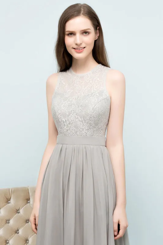 Elegant Lace Sleeveless Silver Bridesmaid Dress Ruffles Chiffon Formal Dress