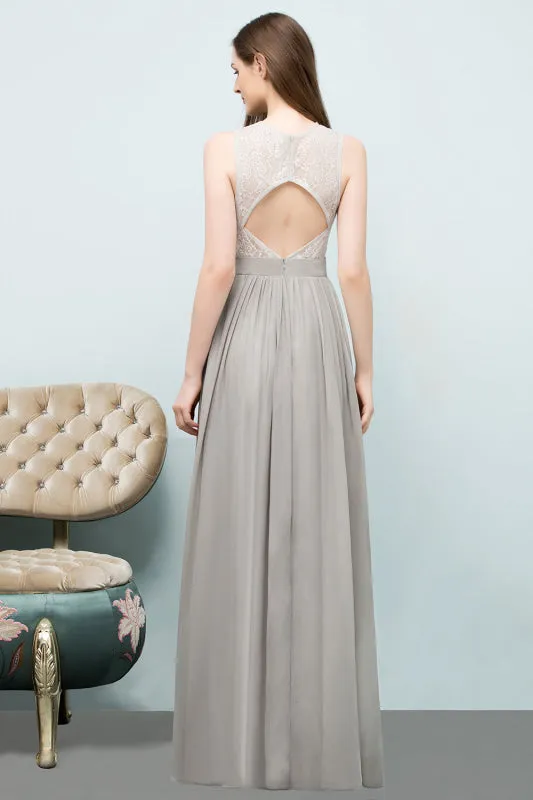 Elegant Lace Sleeveless Silver Bridesmaid Dress Ruffles Chiffon Formal Dress