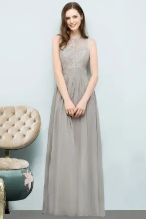 Elegant Lace Sleeveless Silver Bridesmaid Dress Ruffles Chiffon Formal Dress