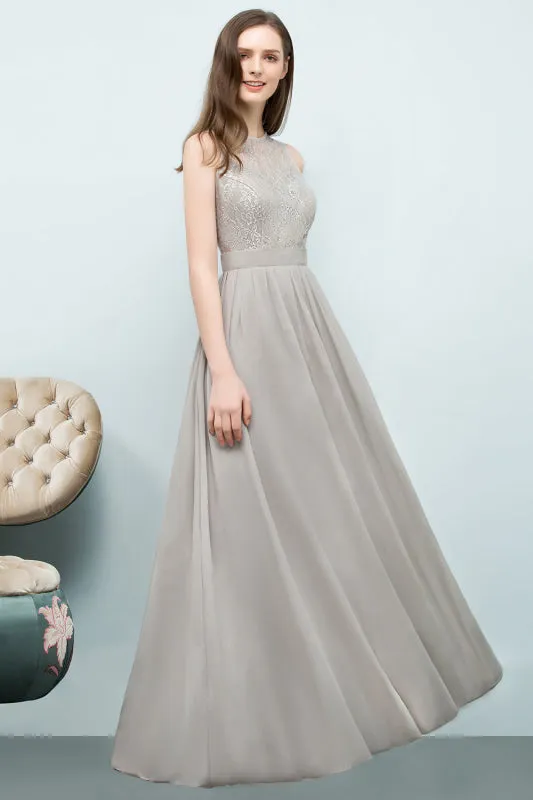 Elegant Lace Sleeveless Silver Bridesmaid Dress Ruffles Chiffon Formal Dress
