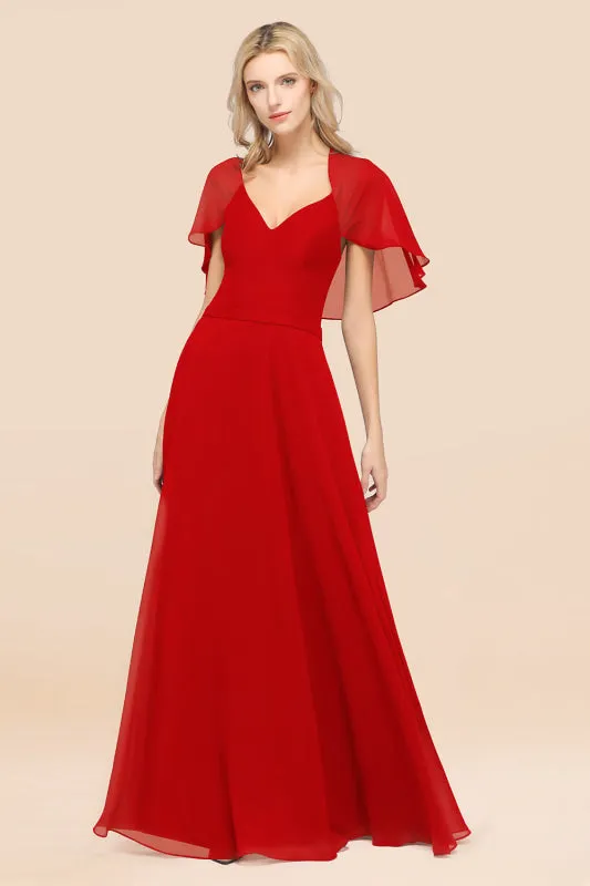 Elegant Satin V-Neck Chiffon Bridesmaid Dress Long with Flutter Sleeve