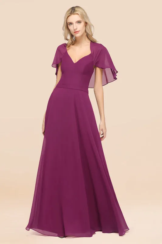 Elegant Satin V-Neck Chiffon Bridesmaid Dress Long with Flutter Sleeve