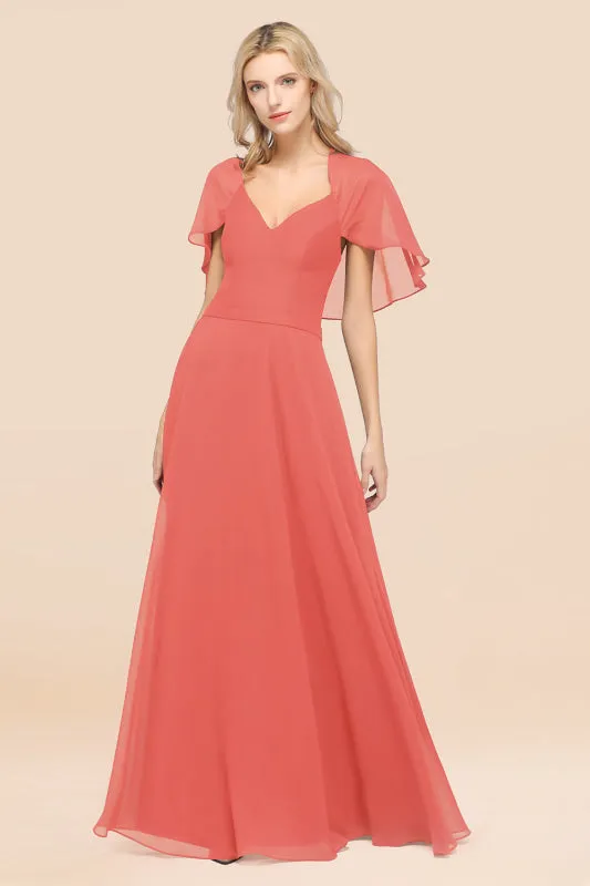 Elegant Satin V-Neck Chiffon Bridesmaid Dress Long with Flutter Sleeve