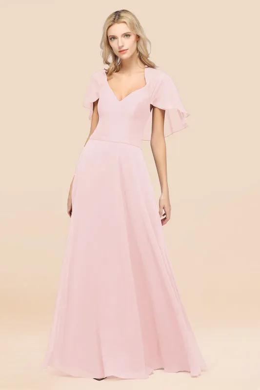 Elegant Satin V-Neck Chiffon Bridesmaid Dress Long with Flutter Sleeve