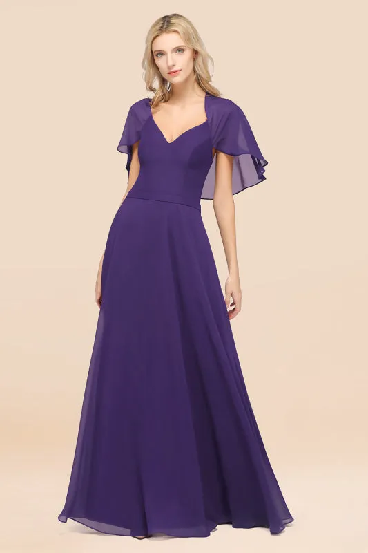 Elegant Satin V-Neck Chiffon Bridesmaid Dress Long with Flutter Sleeve