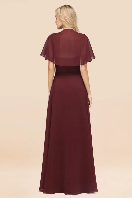 Elegant Satin V-Neck Chiffon Bridesmaid Dress Long with Flutter Sleeve