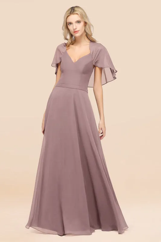Elegant Satin V-Neck Chiffon Bridesmaid Dress Long with Flutter Sleeve