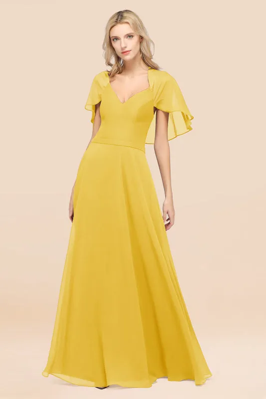 Elegant Satin V-Neck Chiffon Bridesmaid Dress Long with Flutter Sleeve