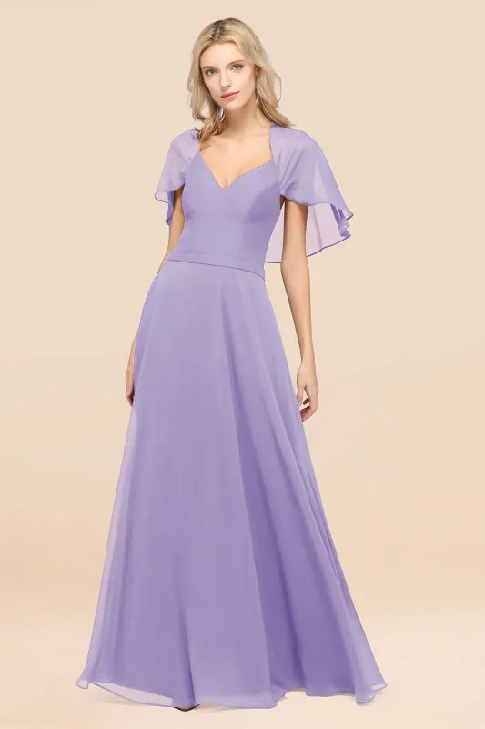 Elegant Satin V-Neck Chiffon Bridesmaid Dress Long with Flutter Sleeve
