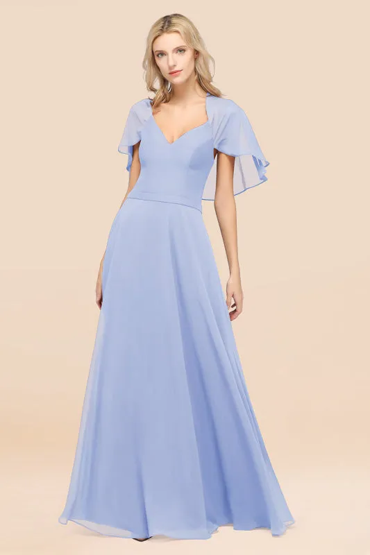 Elegant Satin V-Neck Chiffon Bridesmaid Dress Long with Flutter Sleeve