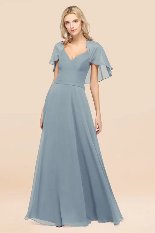 Elegant Satin V-Neck Chiffon Bridesmaid Dress Long with Flutter Sleeve