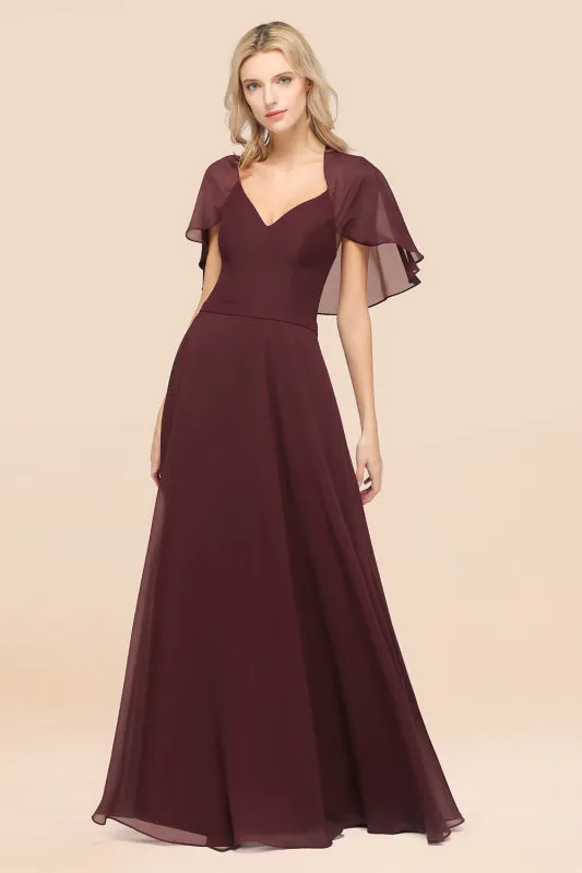 Elegant Satin V-Neck Chiffon Bridesmaid Dress Long with Flutter Sleeve