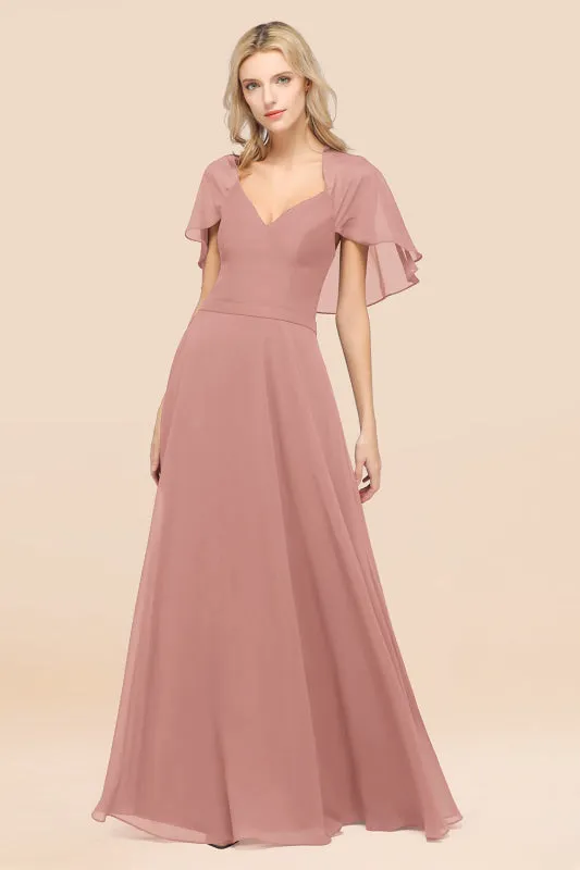 Elegant Satin V-Neck Chiffon Bridesmaid Dress Long with Flutter Sleeve