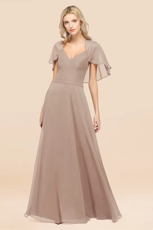 Elegant Satin V-Neck Chiffon Bridesmaid Dress Long with Flutter Sleeve