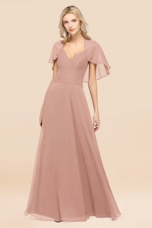 Elegant Satin V-Neck Chiffon Bridesmaid Dress Long with Flutter Sleeve