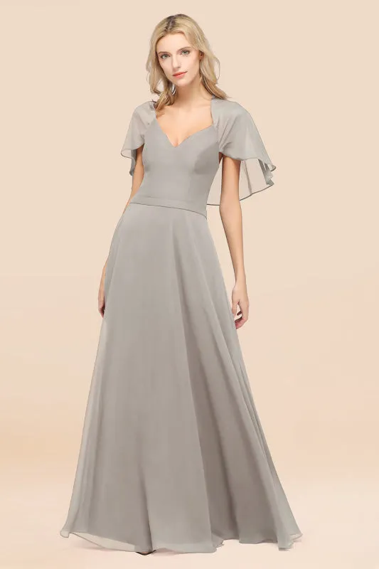 Elegant Satin V-Neck Chiffon Bridesmaid Dress Long with Flutter Sleeve