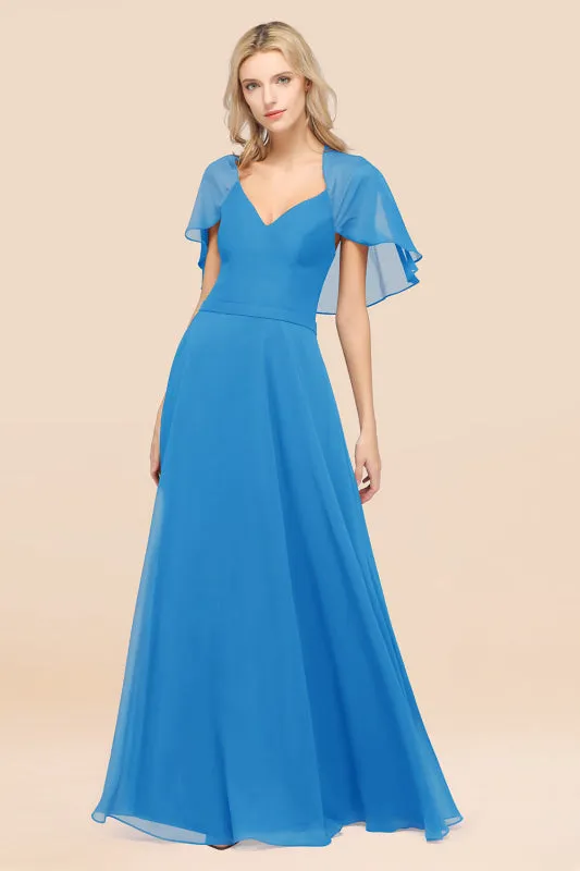 Elegant Satin V-Neck Chiffon Bridesmaid Dress Long with Flutter Sleeve
