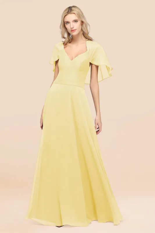 Elegant Satin V-Neck Chiffon Bridesmaid Dress Long with Flutter Sleeve