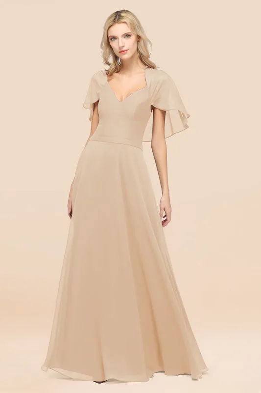 Elegant Satin V-Neck Chiffon Bridesmaid Dress Long with Flutter Sleeve