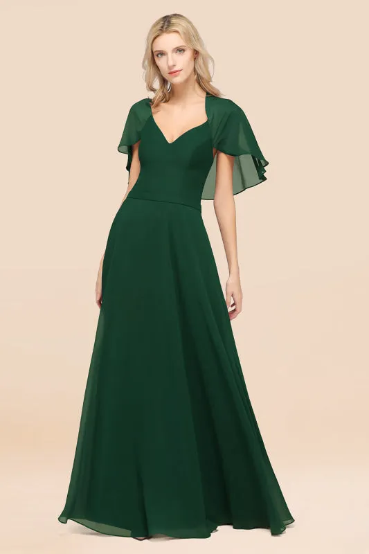 Elegant Satin V-Neck Chiffon Bridesmaid Dress Long with Flutter Sleeve