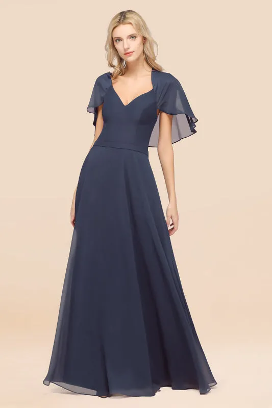 Elegant Satin V-Neck Chiffon Bridesmaid Dress Long with Flutter Sleeve