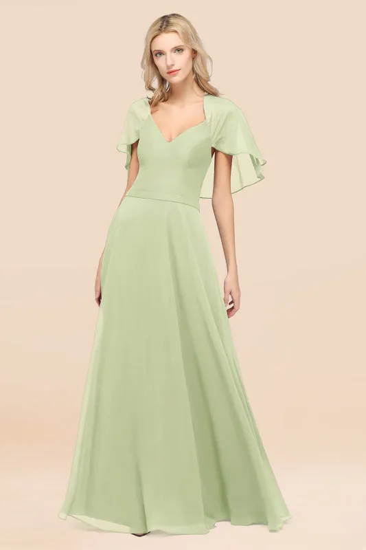 Elegant Satin V-Neck Chiffon Bridesmaid Dress Long with Flutter Sleeve