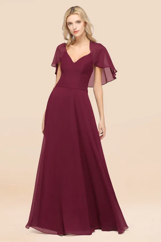 Elegant Satin V-Neck Chiffon Bridesmaid Dress Long with Flutter Sleeve