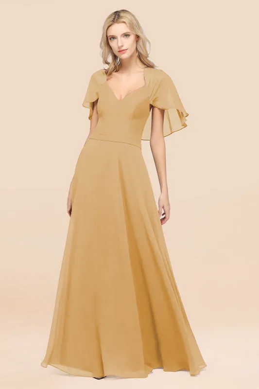 Elegant Satin V-Neck Chiffon Bridesmaid Dress Long with Flutter Sleeve
