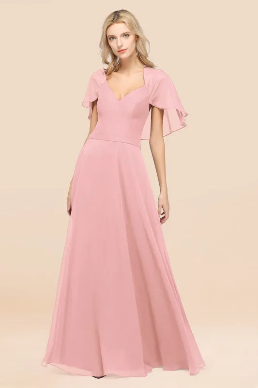 Elegant Satin V-Neck Chiffon Bridesmaid Dress Long with Flutter Sleeve