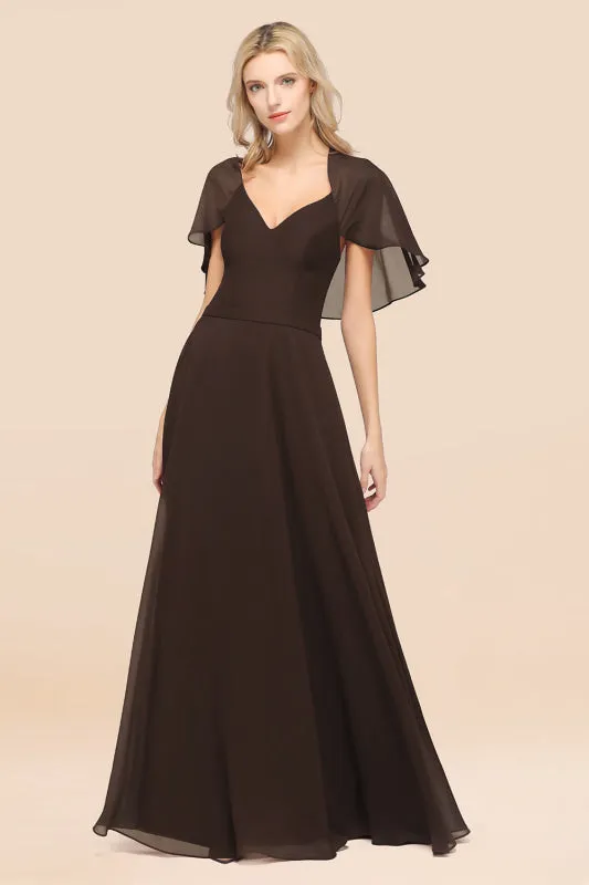 Elegant Satin V-Neck Chiffon Bridesmaid Dress Long with Flutter Sleeve