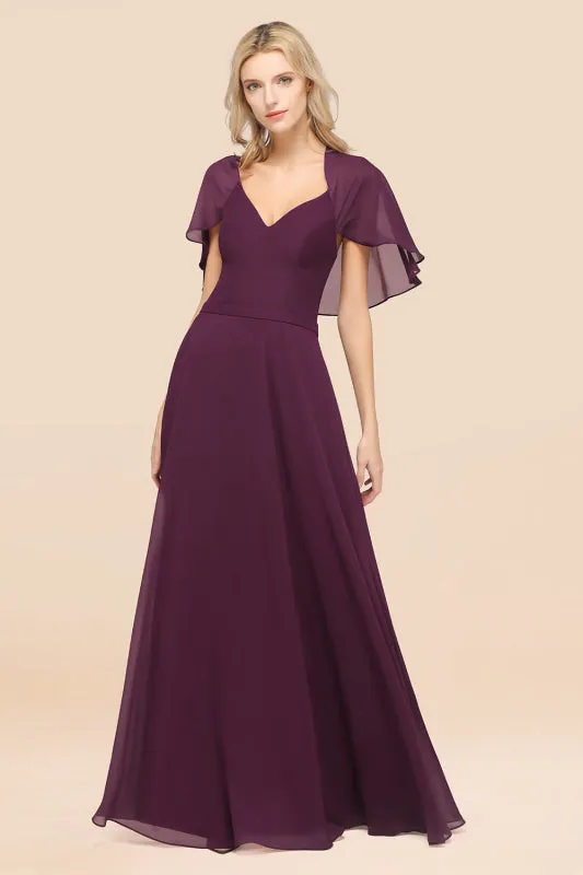 Elegant Satin V-Neck Chiffon Bridesmaid Dress Long with Flutter Sleeve