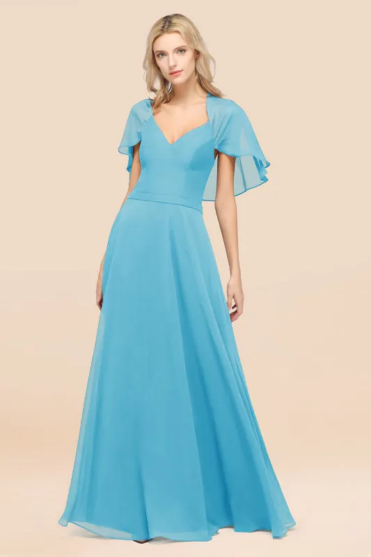 Elegant Satin V-Neck Chiffon Bridesmaid Dress Long with Flutter Sleeve
