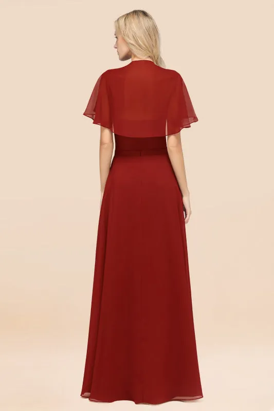Elegant Satin V-Neck Chiffon Bridesmaid Dress Long with Flutter Sleeve