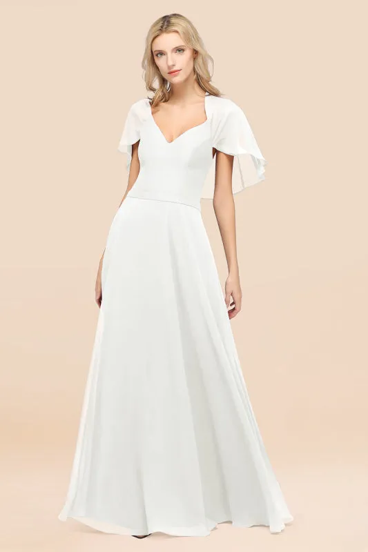 Elegant Satin V-Neck Chiffon Bridesmaid Dress Long with Flutter Sleeve