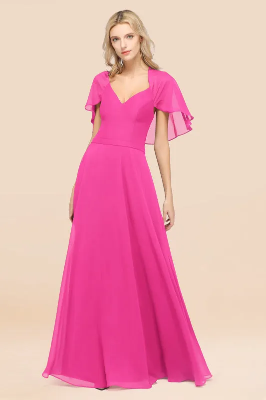 Elegant Satin V-Neck Chiffon Bridesmaid Dress Long with Flutter Sleeve