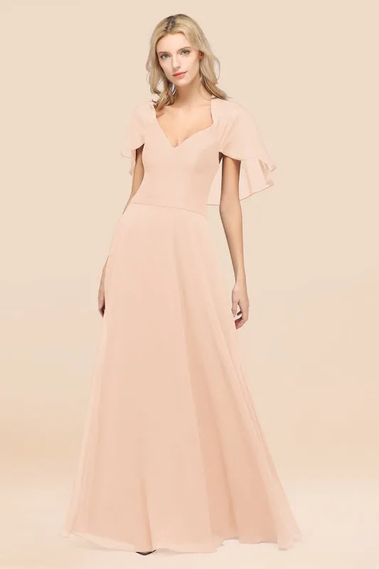 Elegant Satin V-Neck Chiffon Bridesmaid Dress Long with Flutter Sleeve