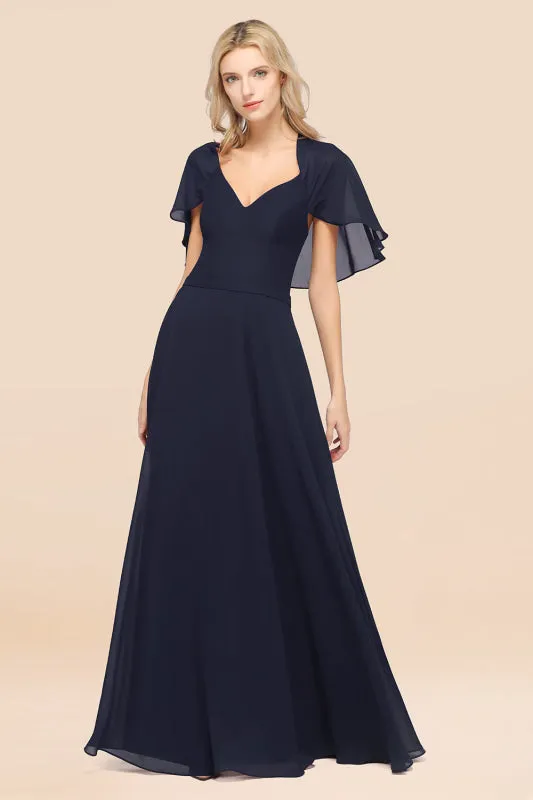 Elegant Satin V-Neck Chiffon Bridesmaid Dress Long with Flutter Sleeve