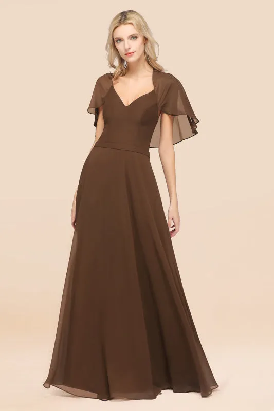 Elegant Satin V-Neck Chiffon Bridesmaid Dress Long with Flutter Sleeve